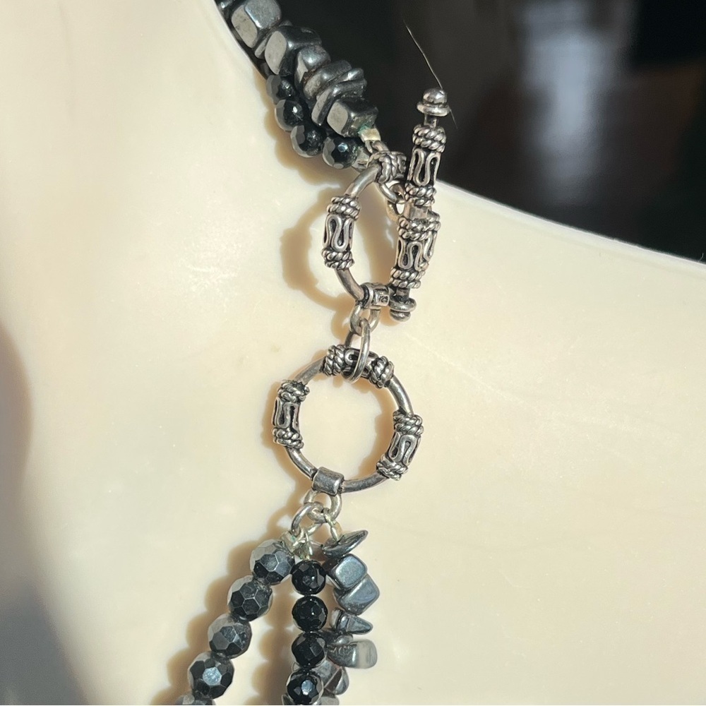 Black 3 Strand Necklace with Silver Tone Accents - Picture 11 of 16